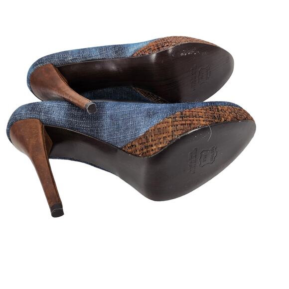 Stuart Weitzman Blue Denim Jean Platform Rattan 4 Inch Heels Size 10 - Picture 4 of 6